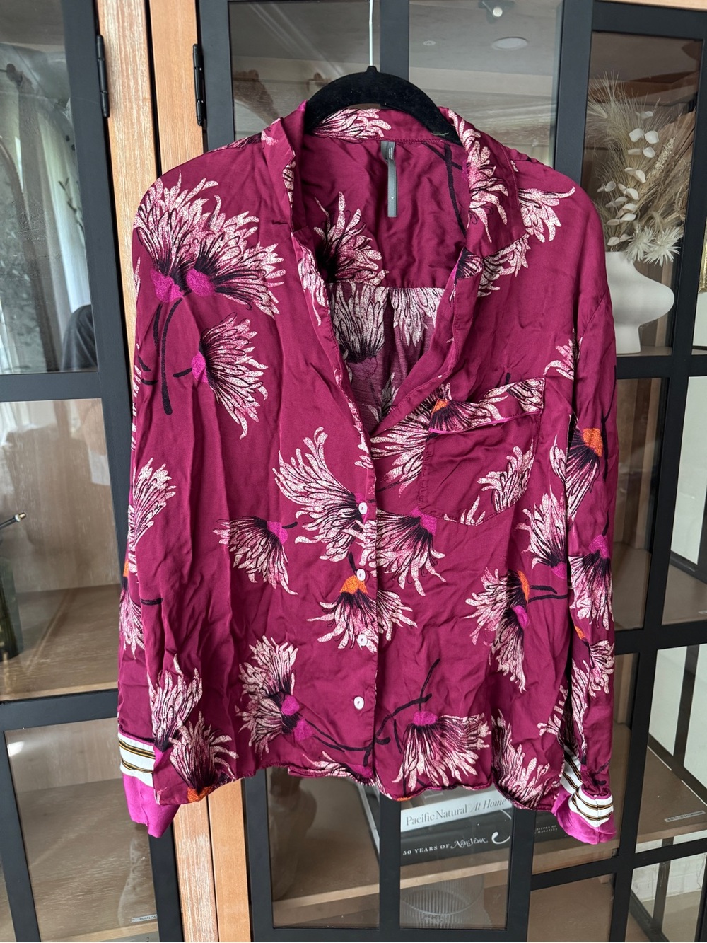 Anthropologie pajamas shirt Oversized Button down satin mulberry long sleeve top - Picture 9 of 10